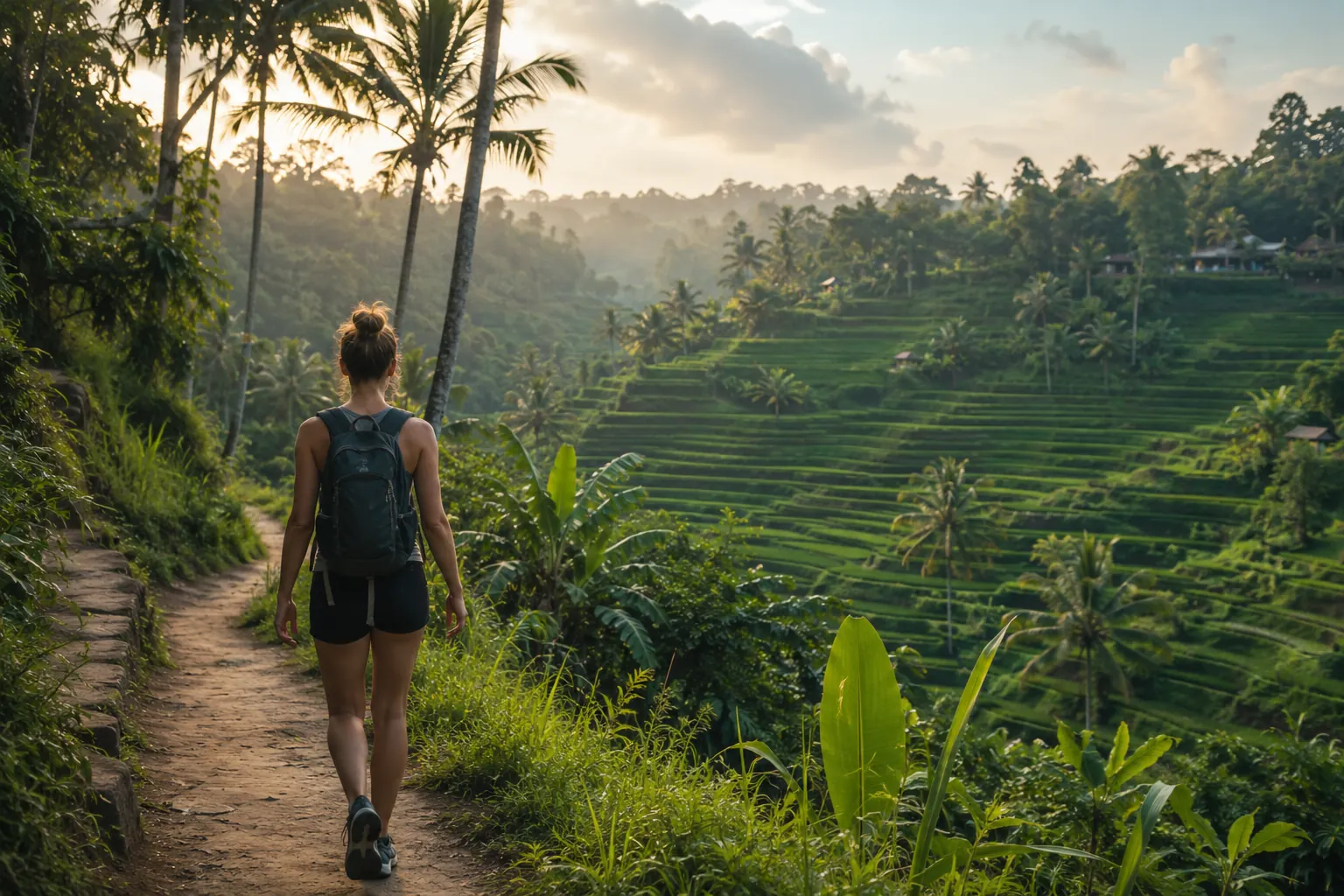 Vandring på Bali gennem grønne rismarker og tropisk natur